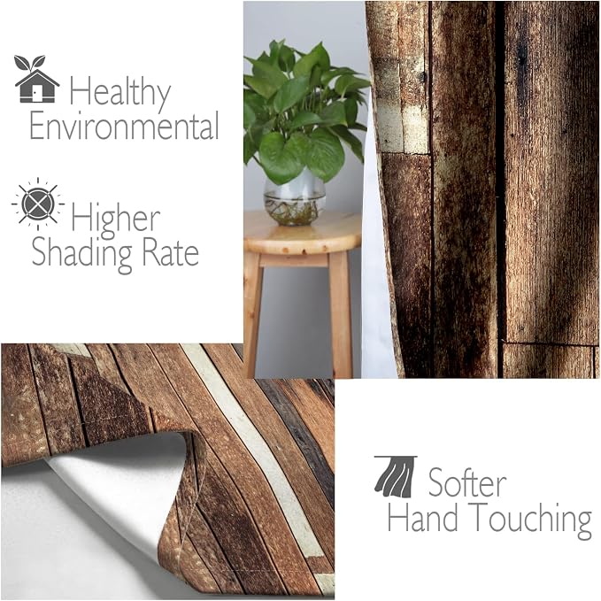 Jekeno Rustic Wooden Blackout Curtains Brown Wood Hardwood Floor Plank Board Door of Farmhouse Village Rural Lodge Retro Decor for Bedroom Living Room Grommet Window Drapes 2 Panel Set, 42"x63"