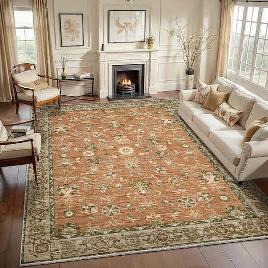 Tangsoo 6x9 Large Area Rug for Living Room,Non Slip Machine Washable Rug for Bedroom,Vintage Terracotta Floral Indoor Rugs,Soft Low Pile Floor Carpet for Dining Room Office Kitchen Boho Farmhouse
