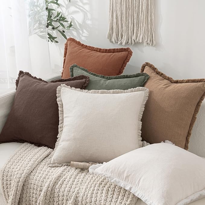 MIULEE Decorative Throw Pillow Covers Neutral Linen Fringe Throw Pillows Euro Shams Set of 2 Dark Brown Boho Farmhouse Cushion Covers for Couch Sofa Bed Living Room Fall Home Decor 26x26 Inch