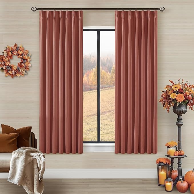 Terracotta Black Out Curtains 63 Inch Long for Bedroom Pinch Pleated with Rings Hooks Back Tab Thermal Insulated Short Linen Blackout Drapes Farmhouse Living Room Darkening Kitchen Fall Curtains