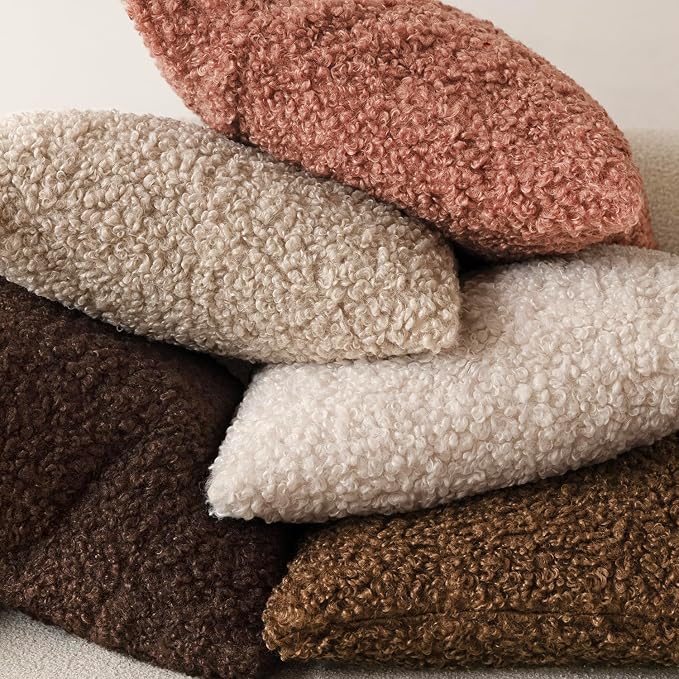 Foindtower Set of 2 Curly Teddy Wool Pillow Covers Decorative Boucle Textured Lumbar Throw Pillow Faux Fur Sherpa Pillowcases Sheepskin Fuzzy Cushion Case for Sofa Bedroom Car 12"x20" Dusty Pink