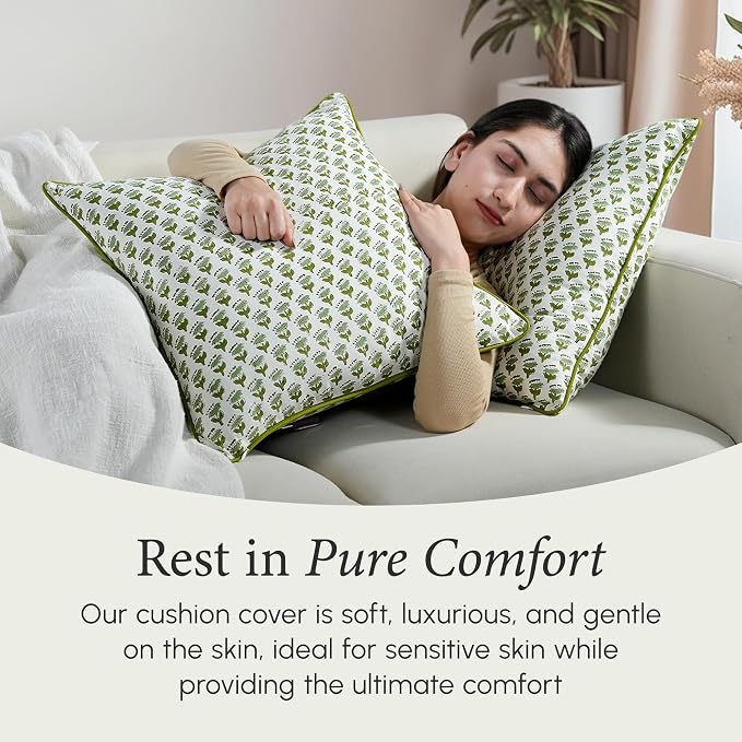CPC 100% Cotton Throw Pillow Covers 16X16 Green Block Print Pattern Couch Pillow, Cute Boho Decorative Pillows for Living Room, Bedroom with Hidden Zipper- Emerald Green