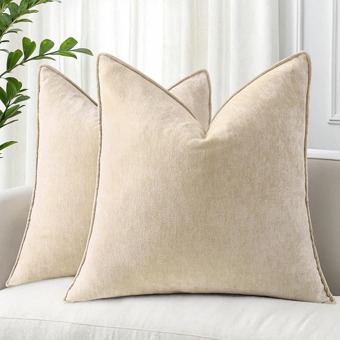 decorUhome Fall Couch Throw Pillow Covers 20x20 Set of 2, Decorative Soft Velvet Modern Cozy Chenille Pillow Cases with Elegant Design for Sofa Bed Living Room Home Decor, Beige