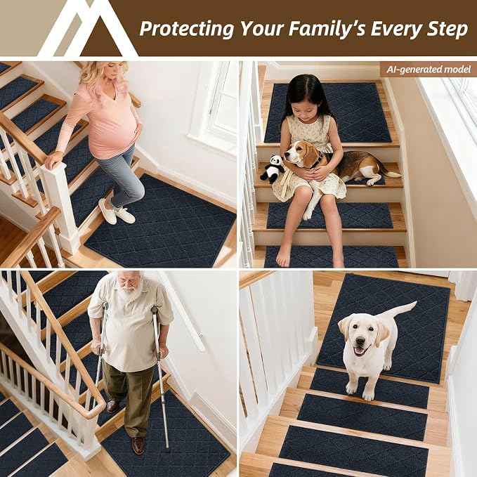 COSY HOMEER Stair Landing Rugs Non-Slip Corner Indoor Edging Stair Treads for Wooden Steps,Washable Soft Stair Landing Mat for Kids,Elder and Dogs,Polyester,TPE Backing,Navy,30x30inch