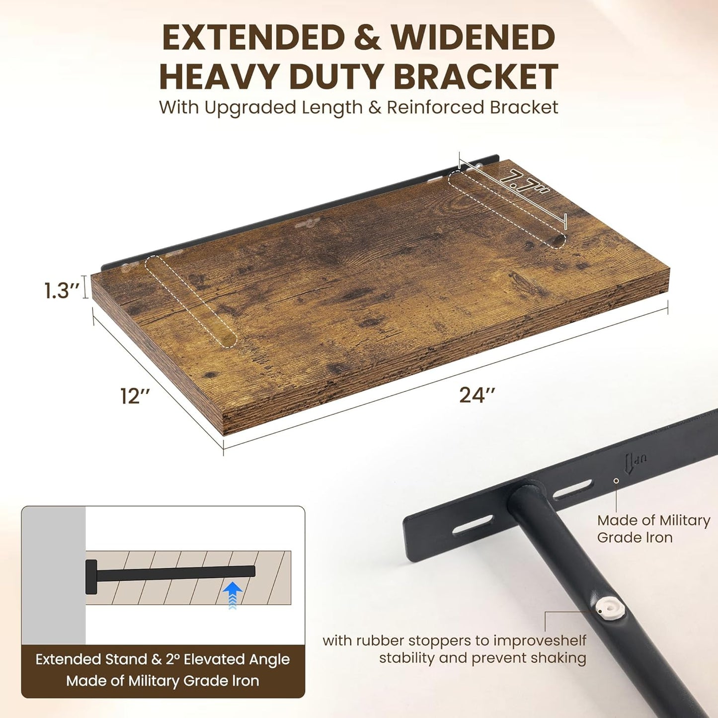 24" Floating Shelves for Wall, 12" Deep Slim Rustic Brown Floating Shelves, Wall-Mounted Shelves for Bedroom, Living Room, Kitchen, Bathroom - Set of 2