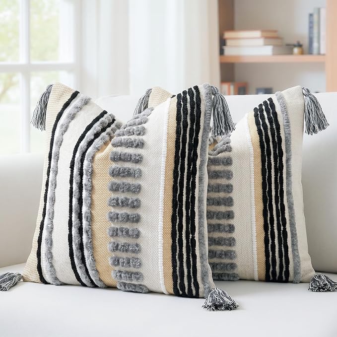 NUYECY Boho Throw Pillow Covers 18x18 Aesthetic Neutral Boucle Couch Pillow Cover Rainbow Striped Decorative Accent Pillow Case for Couch Bed Sofa Farmhouse Bedroom,Modern Funky,Set of 2 Grey