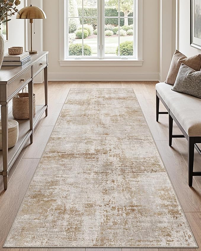 DEXI Hallway Runner Rug Washable 2x7, Modern Abstract Soft Thin Hallways Runner with Non Slip Backing, Low Pile Entryway Floor Rug, Stain Resistant Carpet for Bedroom Living Room, Khaki