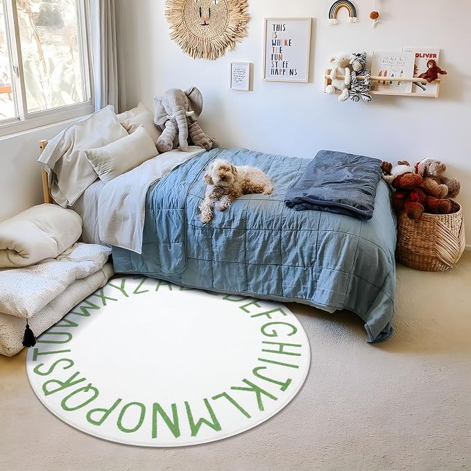 Topotdor Round ABC Area Rug,47 Inch Soft Floor Carpet,Green/White | Washable Alphabet Circle Rug,Non Slip Floor Mat Ideal for Bedrooms,Kids Rooms,Classrooms