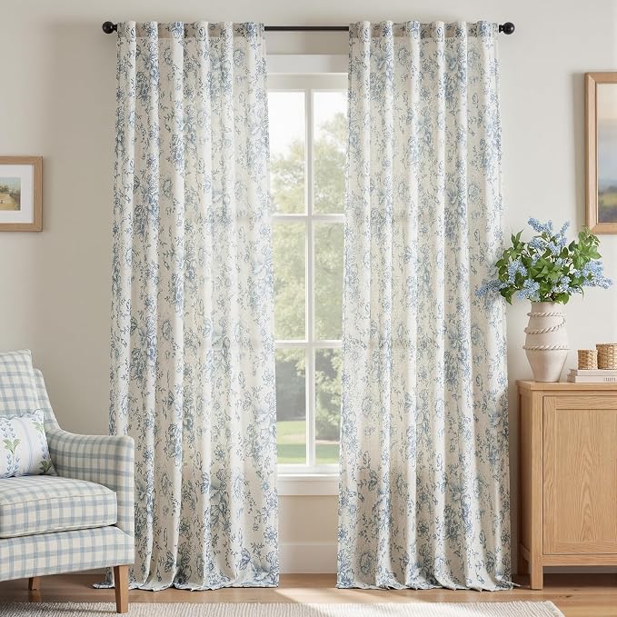 jinchan Linen Blend Curtain Floral Curtains for Living Room 90 Inch Length Blue Printed Curtain Rod Pocket Back Tab Farmhouse Peony Flower Patterned Drapes Bedroom Window Curtains Set 2 Panels