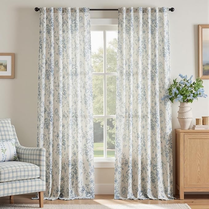 jinchan Linen Blend Curtain Floral Curtains for Living Room 96 Inch Length Blue Printed Curtain Rod Pocket Back Tab Farmhouse Peony Flower Patterned Drapes Bedroom Window Curtains Set 2 Panels