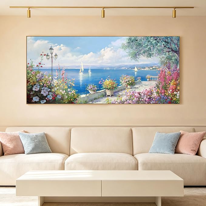 Oversized French Coastal Flower Sailboat Canvas Wall Art Framed Pastel | Mediterranean Seaside Landscape Painting Large Wide Wall Decor For Spacious Living Room Master Bedroom Open Dining Room 86x39