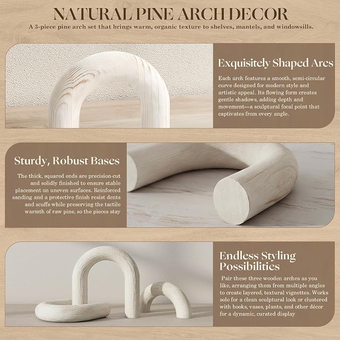 EOSAHR Pine Wood Arch Decor for Shelf Decor - Decorative Objects for Coffee Table Decor, Side & Console - Simple Modern Wood Sculpture, Shelf Decorations for Room Aesthetic (Whitewash)