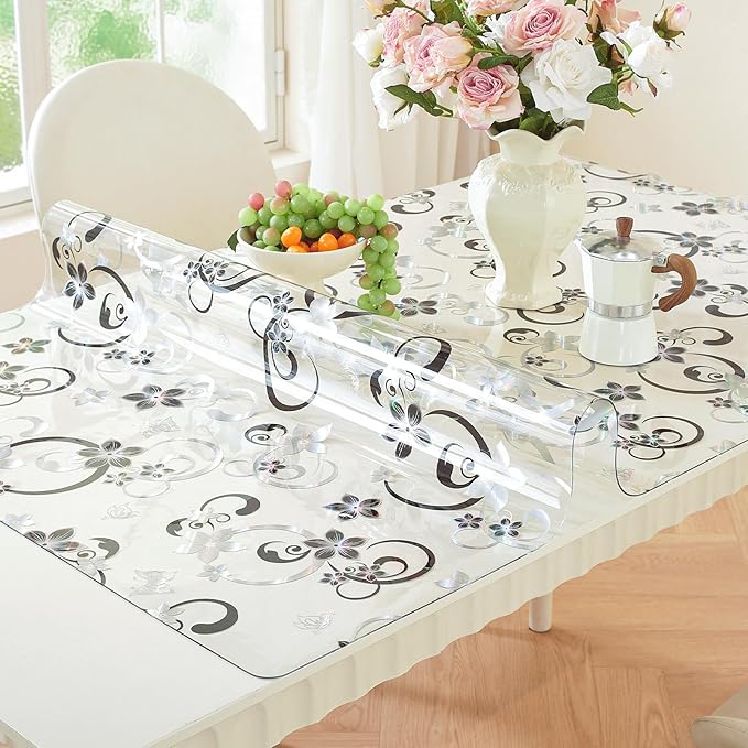 LovePads Floral Clear Table Cover Protector - 42 x 72 Inch Thick Plastic Table Cloth, Waterproof PVC Desk Mat for Dining Room Table, Wood Furniture Topper, Anti-Scratch Desk Pad for Kids Writing,
