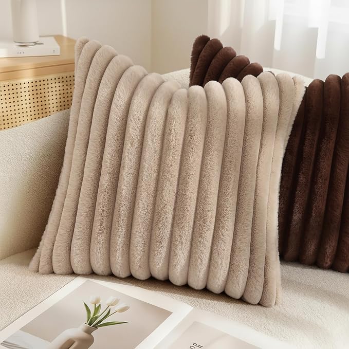 decorUhome Fall Cozy Faux Fur Throw Pillow Covers 24x24 Set of 2 Decorative Soft Plush Striped Modern Farmhouse Boho Couch Euro Sham Pillow Cases with Velvet Back for Sofa Bed Living Room, Dark Brown