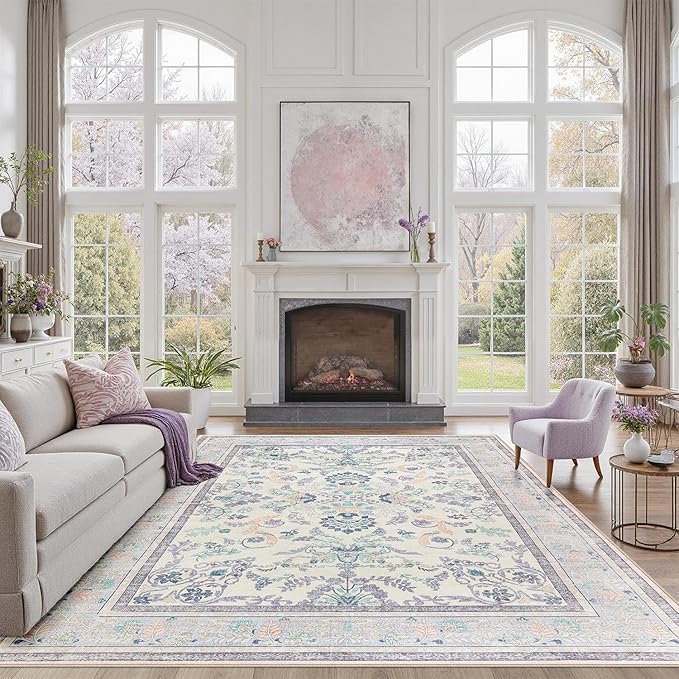 DCX Purple Floral 8x10 Area Rugs for Living Room, Machine Washable Large Soft Boho Non-Slip Botanical Rug for Bedroom Dinning Room Kitchen Flowers Playroom Nursery Carpets