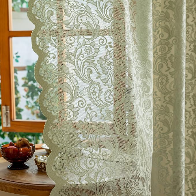 ALIGOGO Green Sheer Curtains 84 Inches Length 2 Panels - Embroidered Rustic Floral Sage Lace Curtains for Living Room Bedroom, Rod Pocket Light Filtering Scalloped Edges, 52 x 84 Inch, Sage Green