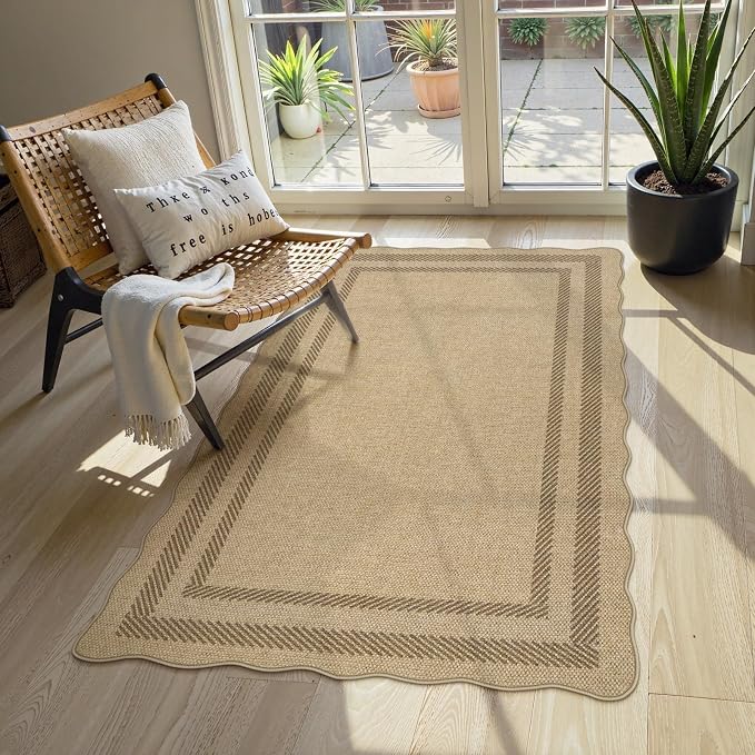 LIVEBOX Scalloped Easy Jute 3x5 Outdoor Rug, Washable Non-Slip Geometric Tan Rugs for Entryway, Indoor Outdoor Farmhouse Rug Modern Carpet Door Mat Area Rug for Patio Bedroom Living Room Kitchen Porch