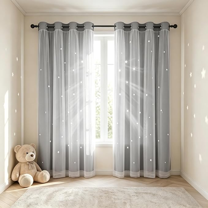 Kids Blackout Curtains for Bedroom/Living Room/Classroom, Sheer Overlay 2 Panel Set, Double Layer Curtains with Star Cutout for Kids Room(Each Piece W 70 x L 95 Inches 2 Pcs Silver Grey)