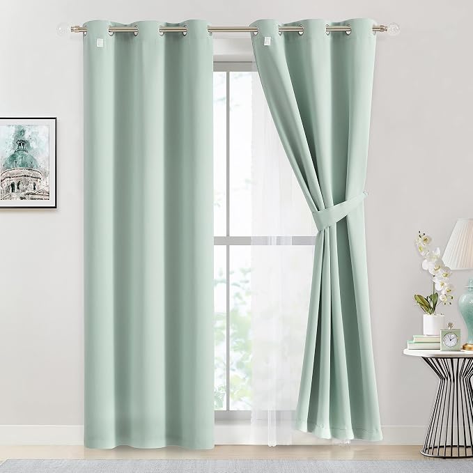 Bujasso Aqua 80% Blackout Curtains with Sheer Overlay Mix and Match Double Layer Thermal Insulated Window Panels 63 inch for Living Room Bedroom Mint Green Drapes with Tiebacks Grommet Top 37"Wx63"Lx2