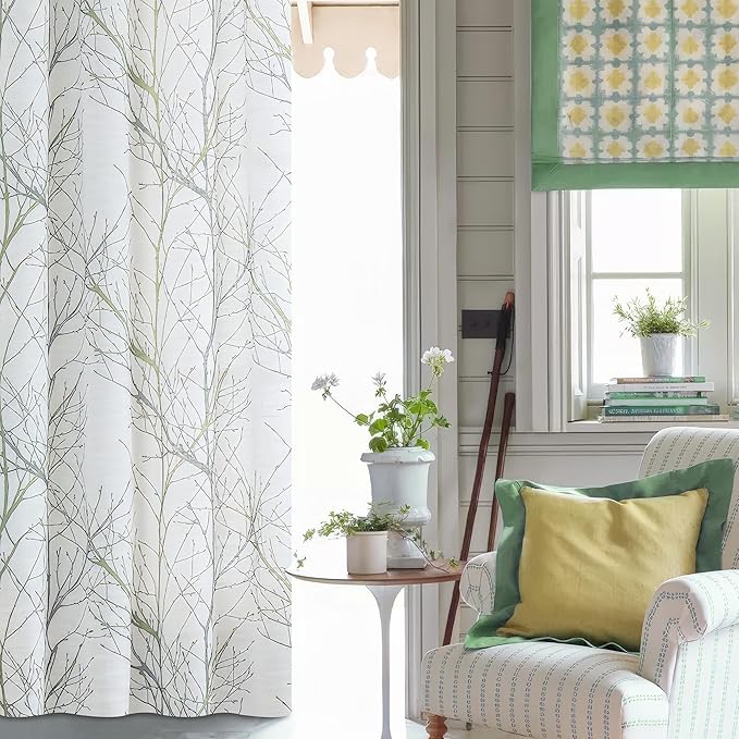 FMFUNCTEX Linen Semi Sheer Curtains for Bedroom, Sage Green White Curtains 96 Inches Long for Living Room, Grey Tree Branch Print Curtain Light Filtering Farmhouse Window Drapes, Grommet Top 2 Panels
