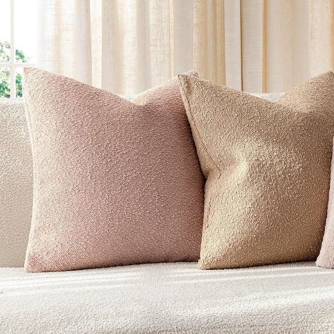 Foindtower Set of 2, Decorative Textured Boucle Throw Pillow Covers Accent Solid Pillow Cases Neutral Soft Cozy Couch Cushion Case for Chair Sofa Bedroom Living Room Home Decor 16 x 16 Inch Light Pink