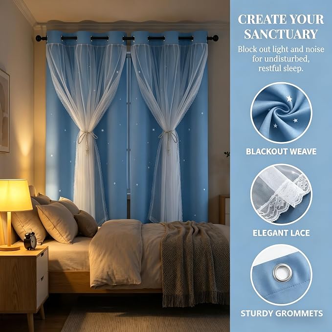 Star Cutout Blackout 95 Inches Curtains Double Layer with Sheer Overly Curtains for Bedroom Thermal Insulated Window Treatment Set (52W x 95L 2 Panels Sky Blue)