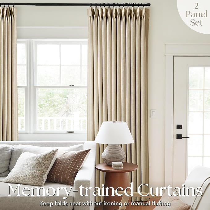 Tan Curtains 84 inches Long 2 Panel Set for Living Room Camel Beige Rustic Farmhouse Pinch Pleated Drapes Memory Trained Light Filtering Linen Curtain with Pinch Pleat Clips 84" Ceiling Length Kahki