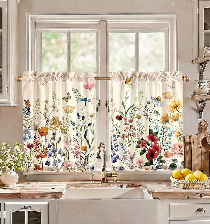 Miss Adola Floral Kitchen Tier Curtains - 30 Inch Length Linen Blend Farmhouse Cafe Curtains Vintage Small Window Treatments Over Sink Rod Pocket for Bathroom Living Room Light Filtering, 2 Panels
