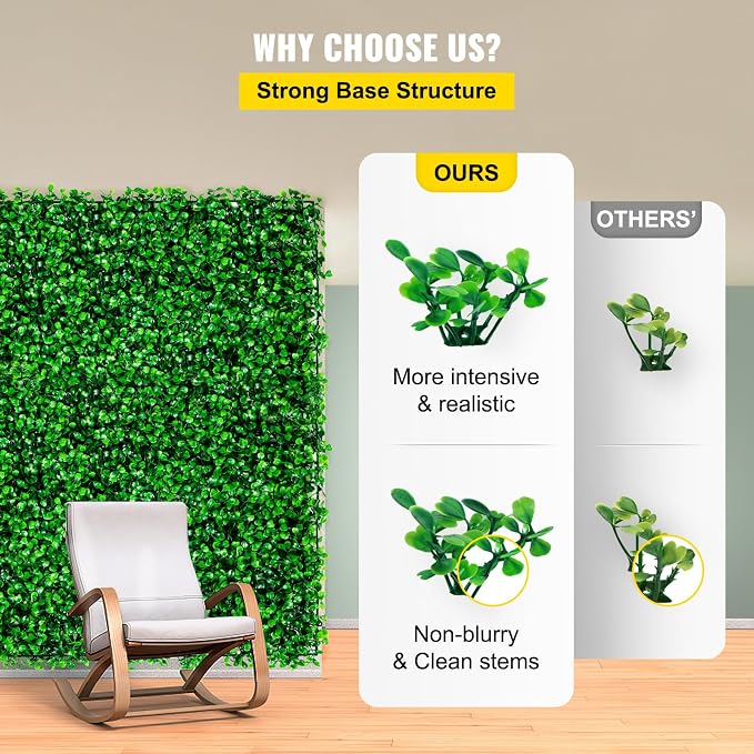 VEVOR Artificial Boxwood Panel 6pcs, 20 x 20 in 1.6 in Sun Protected Boxwood Hedge Wall Panels, Artificial Grass Backdrop Green Fake Wall for Privacy Fence Decor Indoor Outdoor Garden Backyard