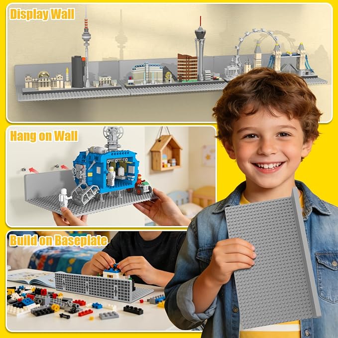 BlissBox 4-Pack Display Shelves for Wall Compatible with Lego Building Bricks, 11.3x6.3inch Dual‑Sided 36x20 Studs for Toy Brick Storage and Display, ABS Display Shelves for Room Decor, Gray