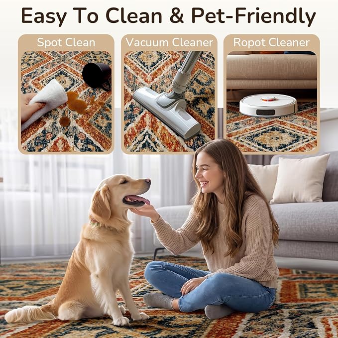 Area Rug 8x10 Rug Machine Washable Non-Slip Low Pile Print Pattern Western Rug for Living Room Bedroom Entryway Tribal Series -Orange/Brown