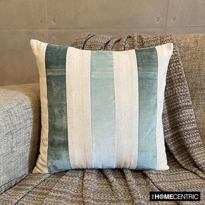 The HomeCentric Decorative Throw Pillow Cover Blue Pack of 2, 18"x18" (45x45 cm) Velvet Striped and Linen Cushion Covers for Couches and Sofas, Patchwork Modern Cushion Cover Style - Velvet Band Ice