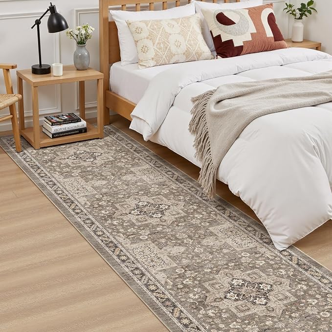 Vintage Hallway Runner Rug 2x8: Large Soft Washable Entryway for Kitchen Laundry Room Non-Slip Backing Runner for Entrance Living Room Bedroom Bathroom - Brown