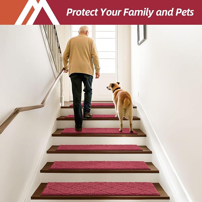 COSY HOMEER Edging Stair Treads Non-Slip Carpet Mat 28inX9in Indoor Stair Runners for Wooden Steps, Edging Stair Rugs for Kids and Dogs, 100% Polyester TPE Backing (4pc, Red)