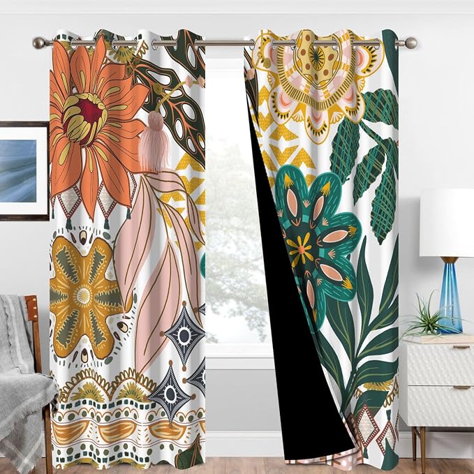 Boho Blackout Curtains for Bedroom Living Room, Vintage Floral Black Out Curtains 84 Inch Length 2 Panels Set with Curtain Tiebacks, Thermal Insulated Soundproof Grommet Darkening Drapes for Spring