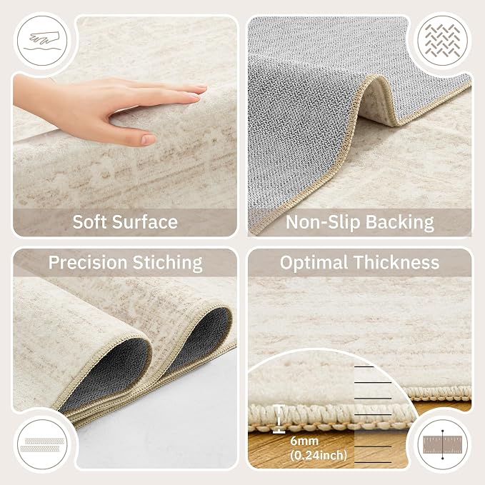 Soalmost 9x12 Area Rugs for Living Room, Washable Soft Rug Beige/Cream | Non-Slip Low Pile Natural Vintage Floral Rug Throw Carpet for Dining Room Bedroom Home Office Nursery 9'x12'