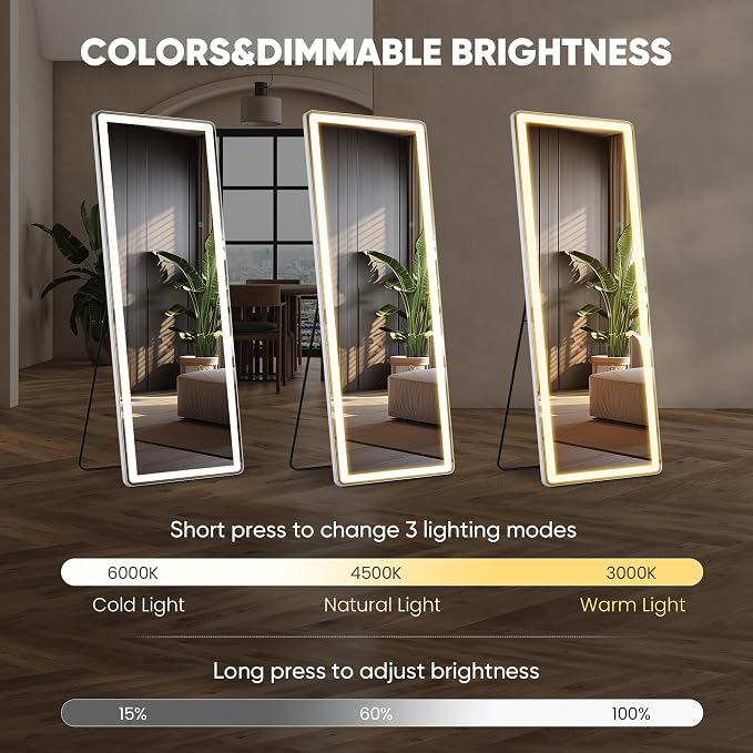 DUMOS Full Length Mirror Lighted, 26"x70" LED Floor Standing Mirror | LED Lights 3 Color Lighting and Shatterproof Tempered Glass, Wall Hanging or Leaning, Floor Standing, Modern Home Decor