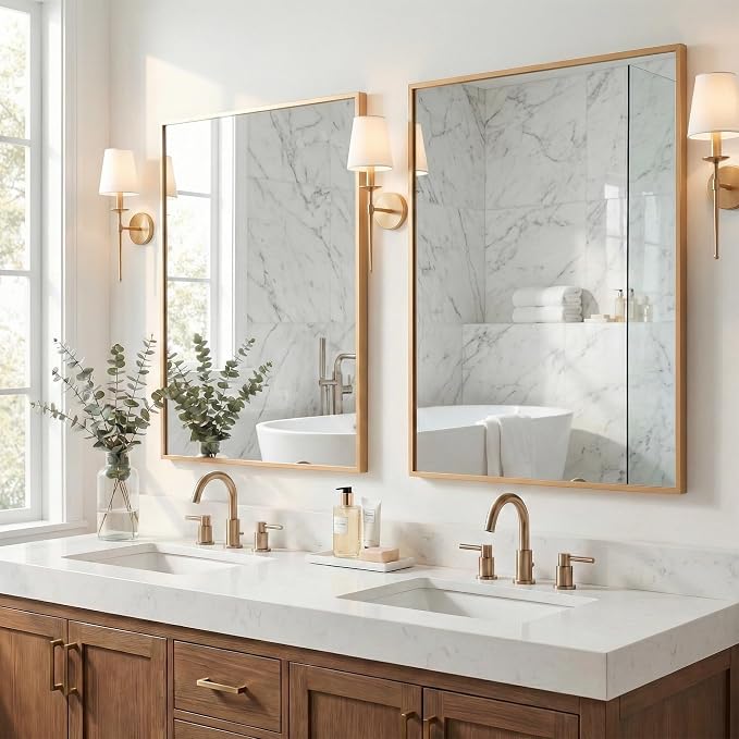2-Pack 24"x36" Vintage Gold Framed Bathroom Vanity Wall Mirrors | For Over Sink, Warm Champagne Bronze Finish, Subtle Fine-Grain Texture, Deep-Set Metal Frame, Tempered Glass