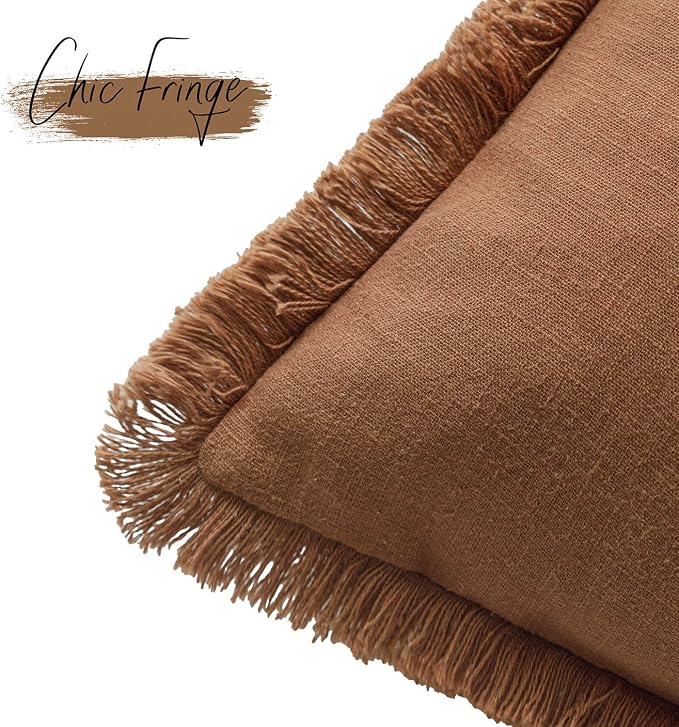 Foindtower Set of 2 Decorative Linen Fringe Throw Pillow Covers Boho Farmhouse Cushion Cover with Tassels Soft Accent Pillowcase for Couch Sofa Bed Living Room Home Decor,22×22 Inch,Orange Brown