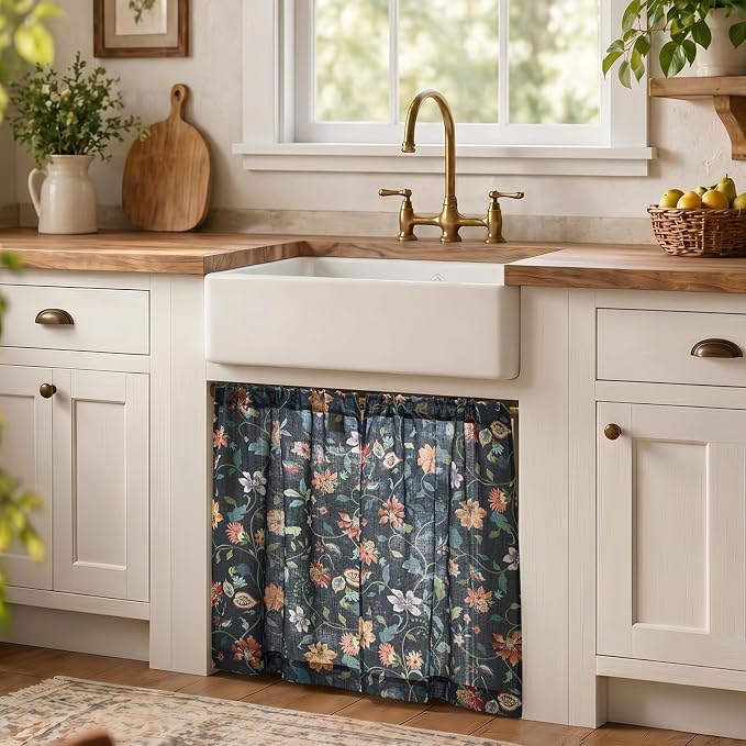 jinchan Hattie Floral Linen Kitchen Curtains 30 Inch Length Vintage Cottage Core Farmhouse Cafe Curtains Light Filtering Small Window Drapes for Living Room Bathroom Rod Pocket 2 Panels Dark Blue