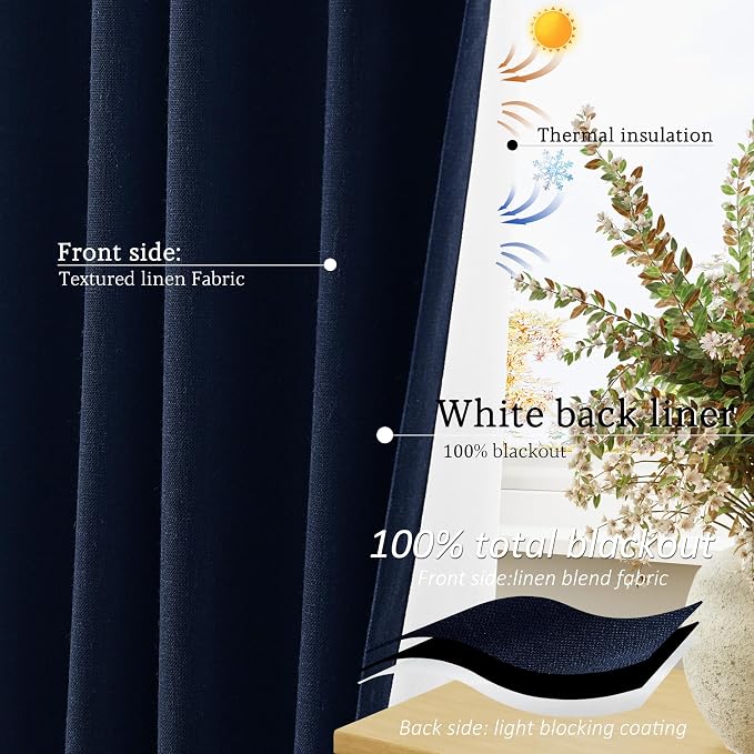 Jowels Navy Blue Linen Blackout Curtains 108 Length 2 Panels Set for Living Room Bedroom, 100% Black Out Thermal Insulated Linen Drapes, Room Darkening Grommet Curtains 108 Inches Long