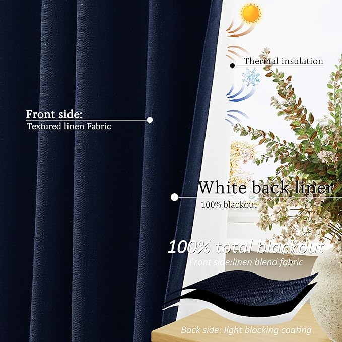 Jowels Navy Blue Linen Blackout Curtains 84 Length 2 Panels Set for Living Room Bedroom, 100% Black Out Thermal Insulated Linen Drapes, Room Darkening Grommet Curtains 84 Inches Long