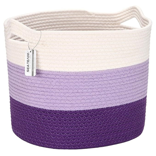 Sea Team Oval Large Cotton Rope Woven Storage Basket with Handles, Diaper Caddy, Baby Shower Basket, Nursery Nappies, Clothes Toys Organizer for Kid's Room, 16 x 13 inches, White & Lavender