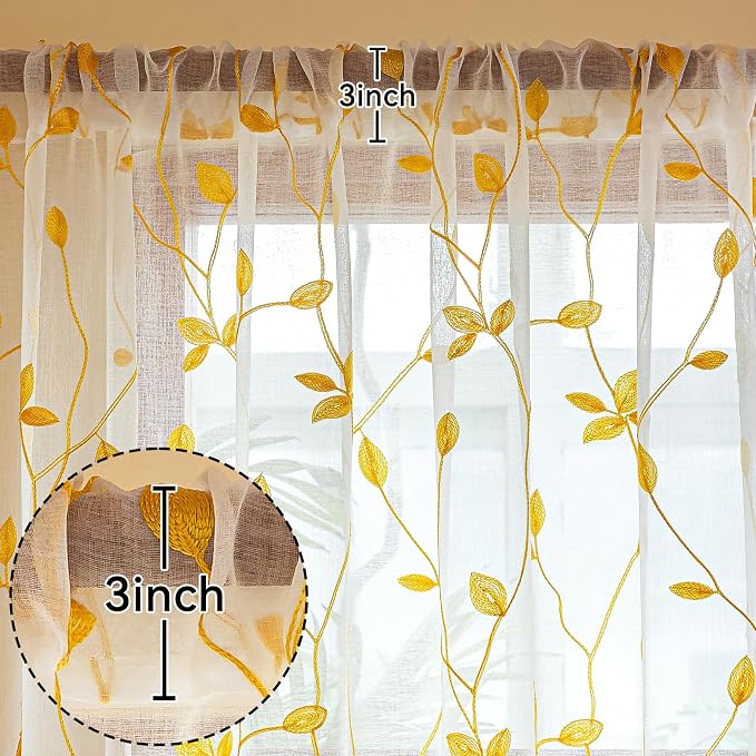 AmHoo 2 Panels Embroidered Leaf Pattern Semi Sheer Curtains Foliage Floral Voile Window Draperies Treatment for Bedroom Living Room Rod Pocket White Gold Yellow 53 x 84 Inch