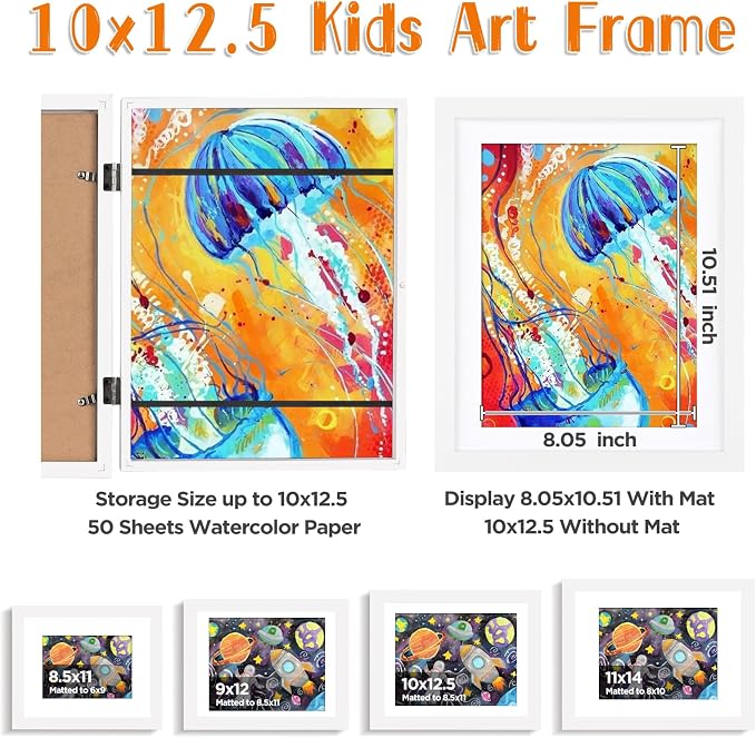 KINLINK 10x12.5 Kids Art Frame 2 Pack, Solid Wood Artwork Frames Changeable, Front Opening Hold 150 Pictures, Art Frames for Kids Artwork, 8.5x11 with Mat 10x12.5 without Mat, Picture Frames White