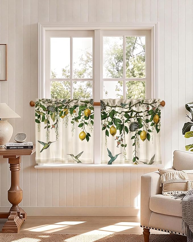 Miss Adola Farmhouse Kitchen Tier Curtains - 24 Inch Length Linen Blend Vintage Cafe Curtains Lemon Bird Small Window Treatments Over Sink Rod Pocket for Bathroom Living Room Light Filtering, 2 Panels