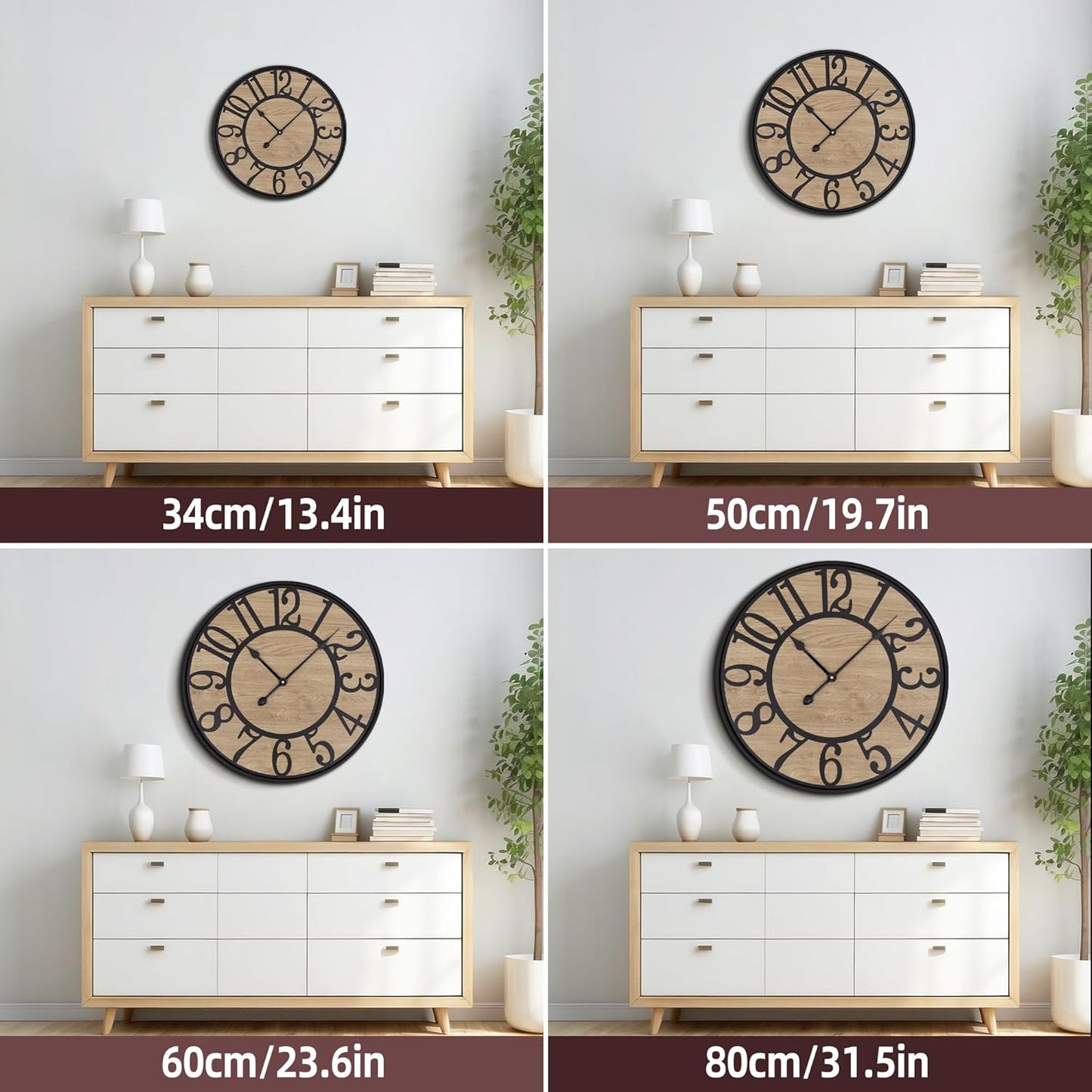 Large Wall Clock for Living Room Decor, Non Ticking Silent, Battery Operated Modern Vintage Wood Oversized Decorative Wall Clock for Bedroom Kitchen Farmhouse Office Decor