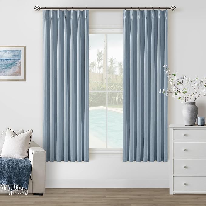 Dusty Blue Black Out Curtains 63 Inch Long for Bedroom Pinch Pleated with Rings Hooks Back Tab Thermal Insulated Short Linen Blackout Drapes Farmhouse Living Room Darkening Kitchen Curtains Grey Blue