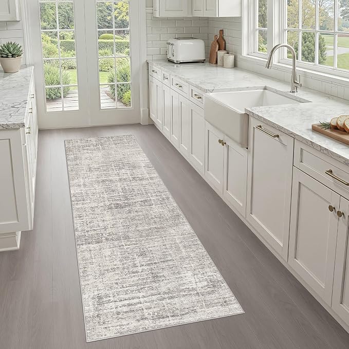Runner Rug Non-Slip Kitchen Rug: 3x8 Washable Abstract Modern Soft Stain Resistant Indoor Floor Neutral Accent Throw Carpet for Hallway Bathroom Laundry Room Bedroom Entryway- Brown Gray