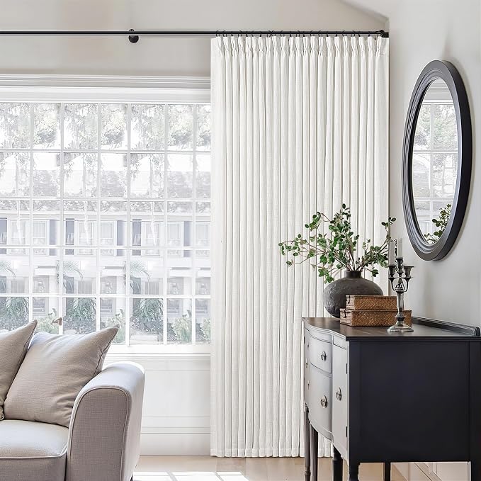 60 Inch Width Curtains 92 Inches Long Linen Pinch Pleated Curtains for Living Room Bedroom Semi Sheer Back Tab Hooks Rings Extra Wide Pinch Pleat Drapes for Patio Glass Door Beige White 1 Panel